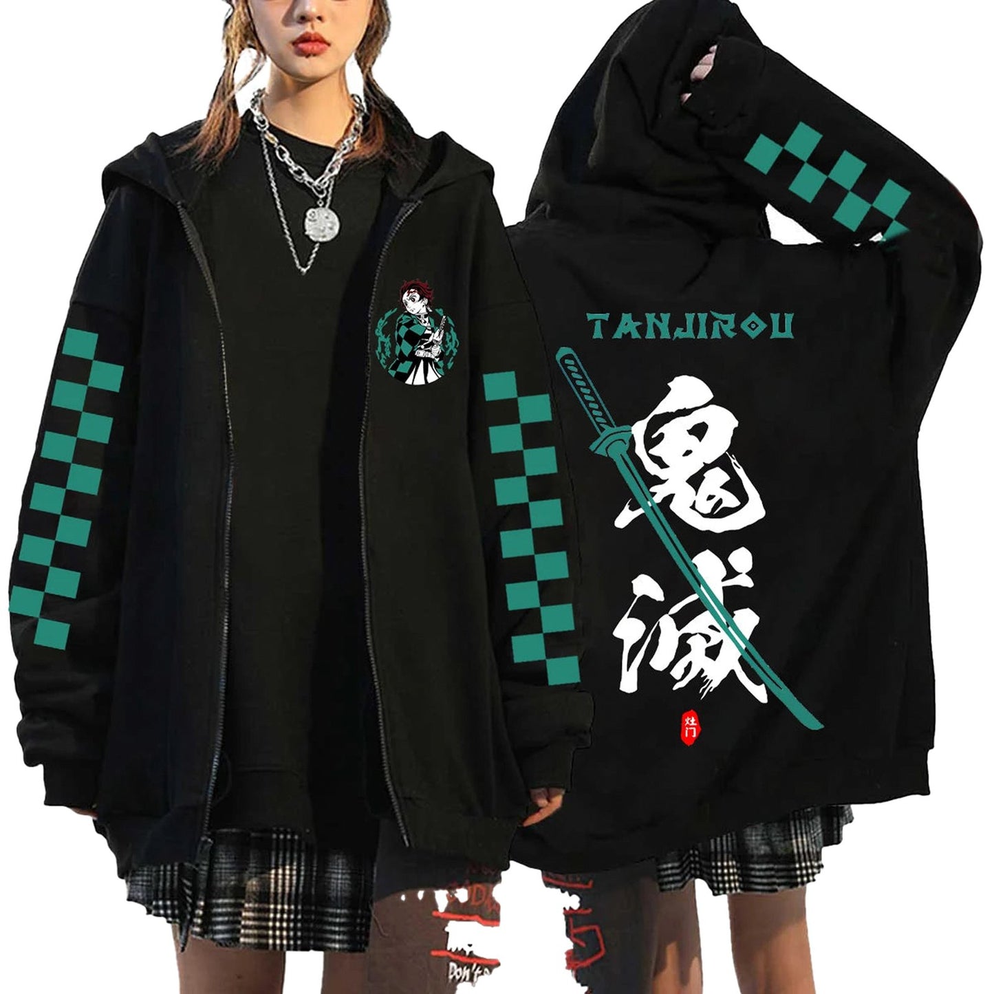 Womens anime hoodie demon slayer featuring Tanjiro design and cool checkerboard sleeves