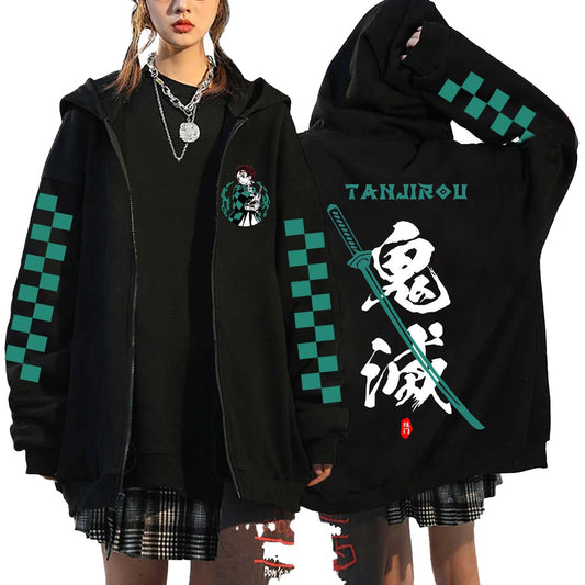 Womens anime hoodie demon slayer featuring Tanjiro design and cool checkerboard sleeves
