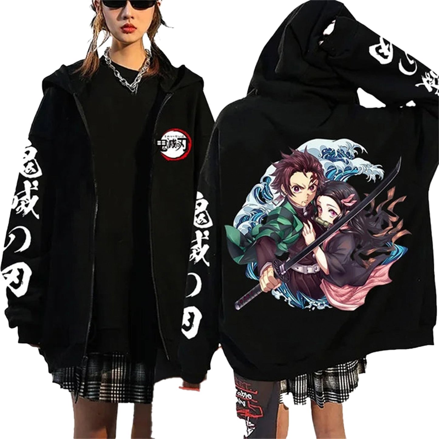 Womens anime hoodie Demon Slayer featuring vibrant graphics of main characters on a black background