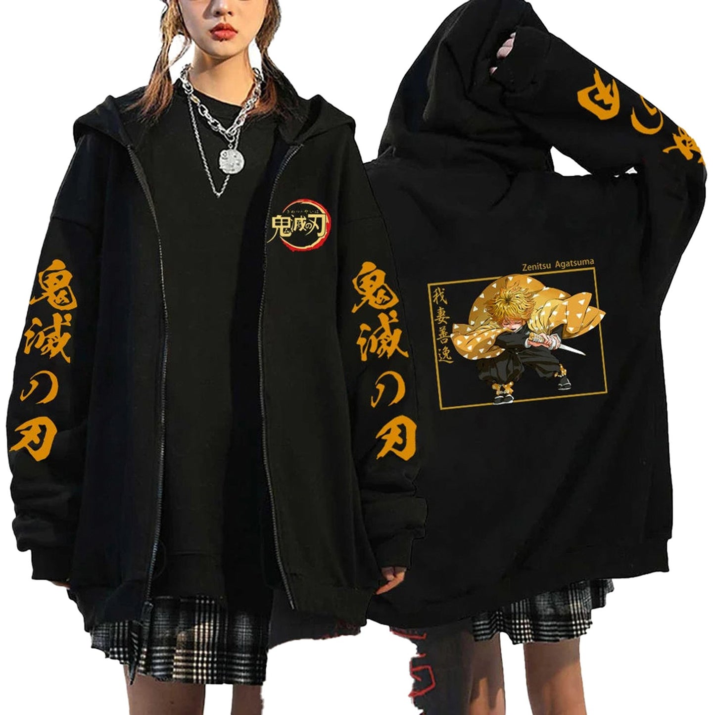Womens anime hoodie demon slayer featuring Zenitsu Agatsuma design on the back and stylish oversized fit