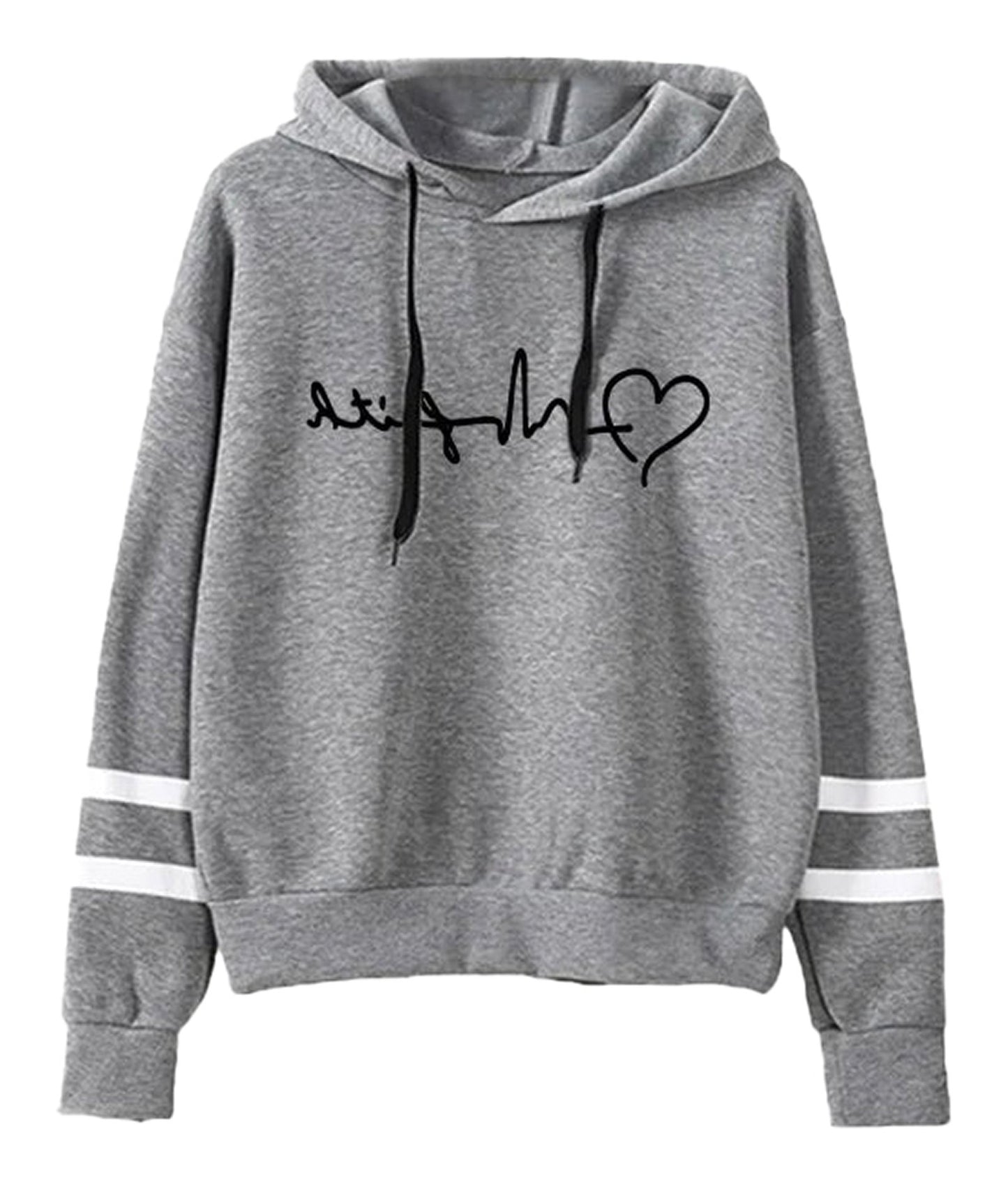 LuckeLadybug women's autumn winter hoodies 2025 in gray with heartbeat design and white stripes