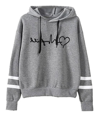 LuckeLadybug women's autumn winter hoodies 2025 in gray with heartbeat design and white stripes