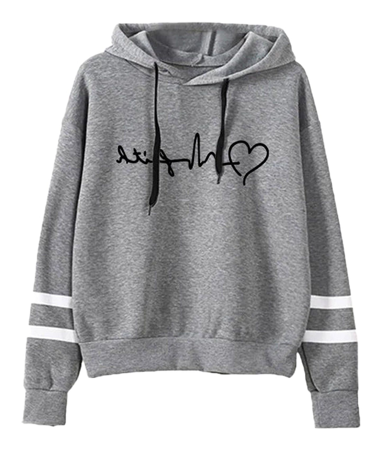 LuckeLadybug women's autumn winter hoodies 2025 in grey with heartbeat design and striped sleeves