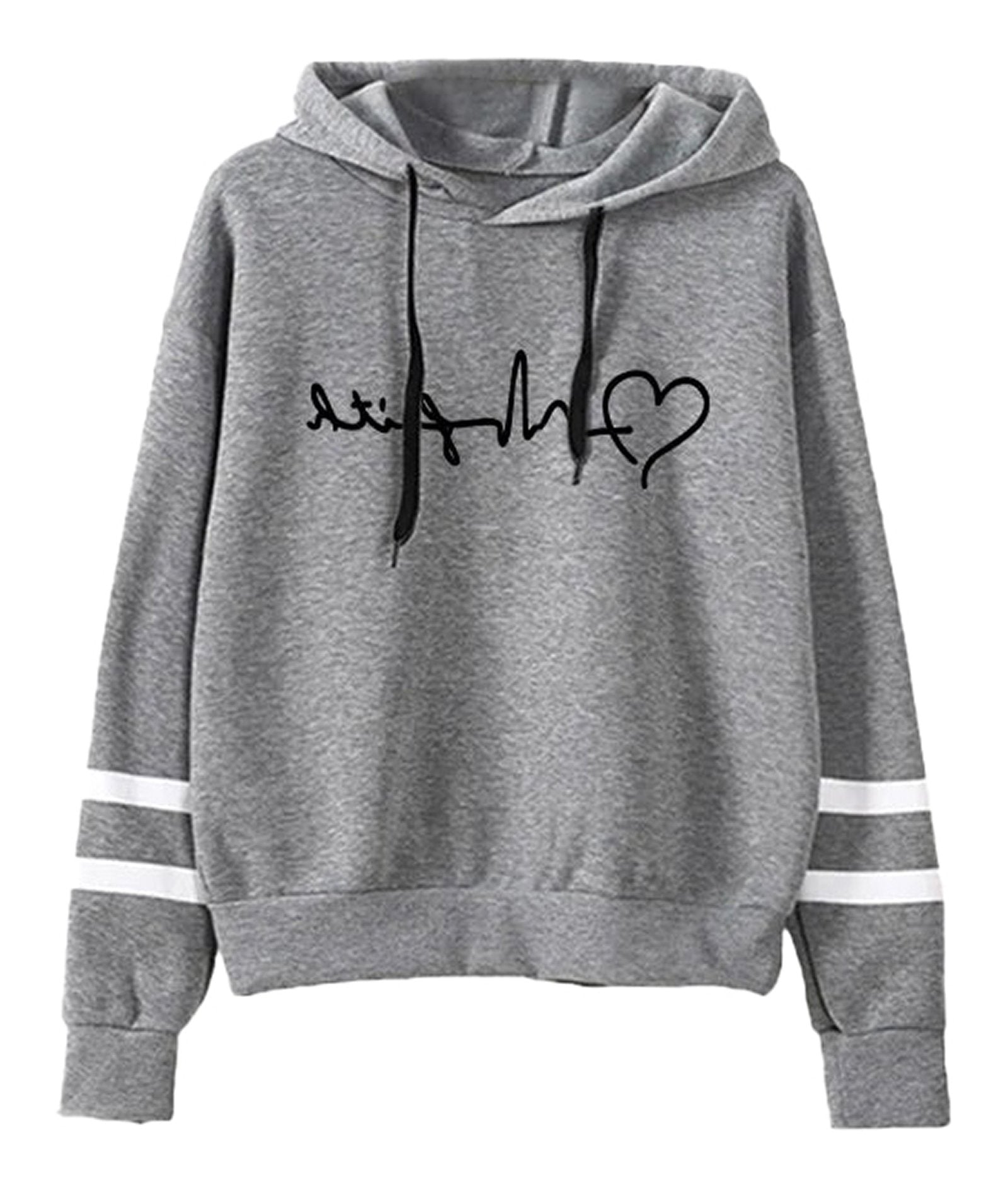LuckeLadybug women's autumn winter hoodies 2025 in grey with heartbeat design and striped sleeves