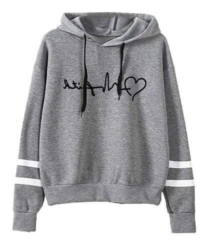 LuckeLadybug women's autumn winter hoodies 2025 in grey with heartbeat design and striped sleeves