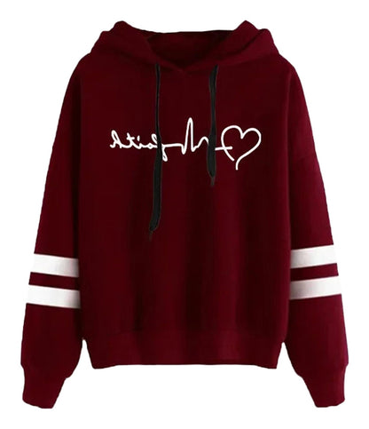 Burgundy women's autumn winter hoodies 2025 with stylish white heart design and striped detailing