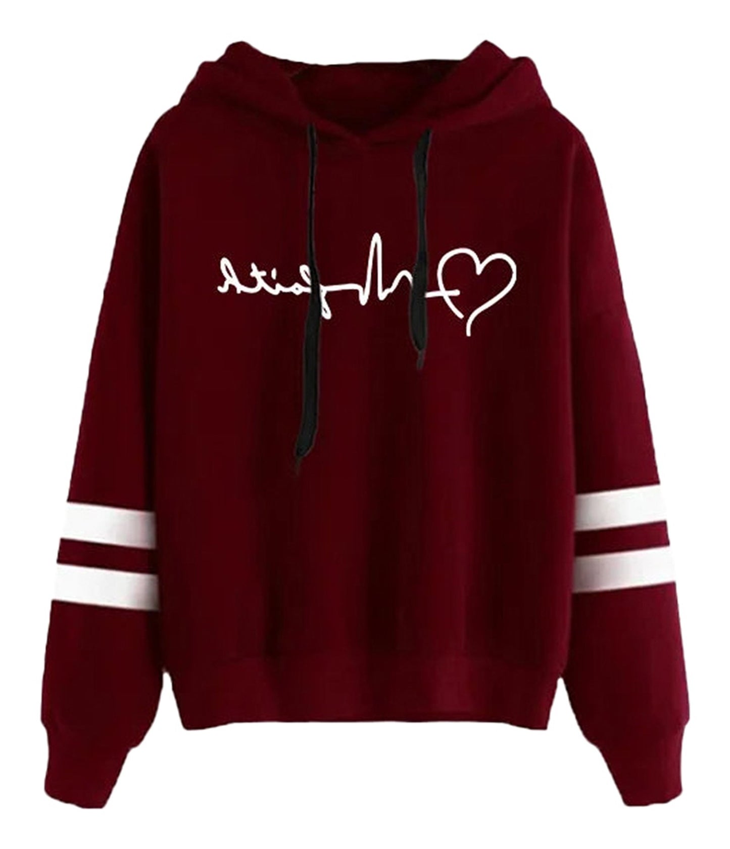 Burgundy women's autumn winter hoodies 2025 with heart design and white striped sleeves