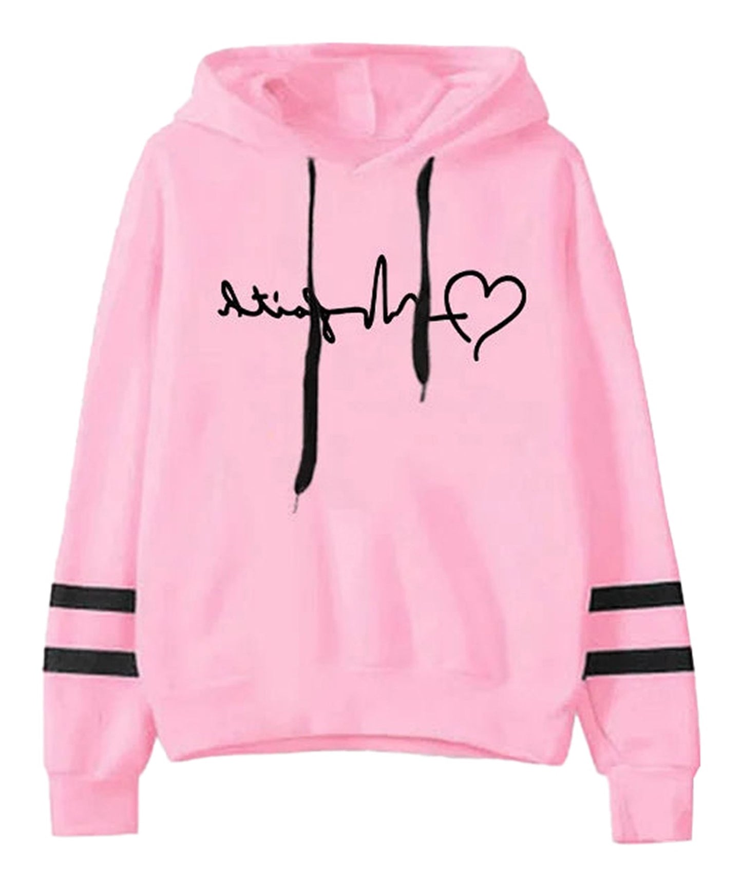 Light pink women's autumn winter hoodies 2025 with heartbeat graphic and black stripes