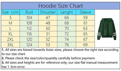 LuckeLadybug LLC women's autumn winter hoodies 2025 size chart with bust, shoulder, length, and sleeve measurements