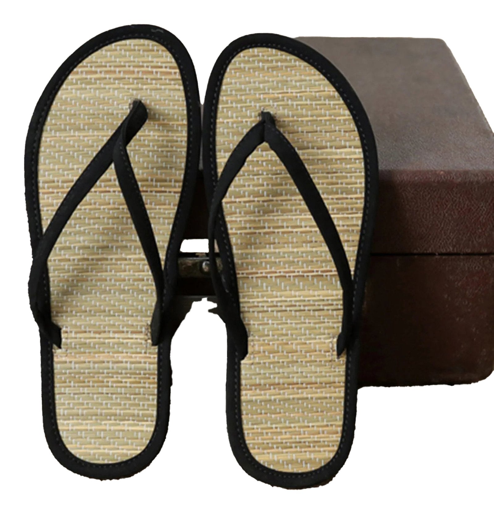 LuckeLadybug women's bamboo flip flops with comfortable black straps and natural textured footbed