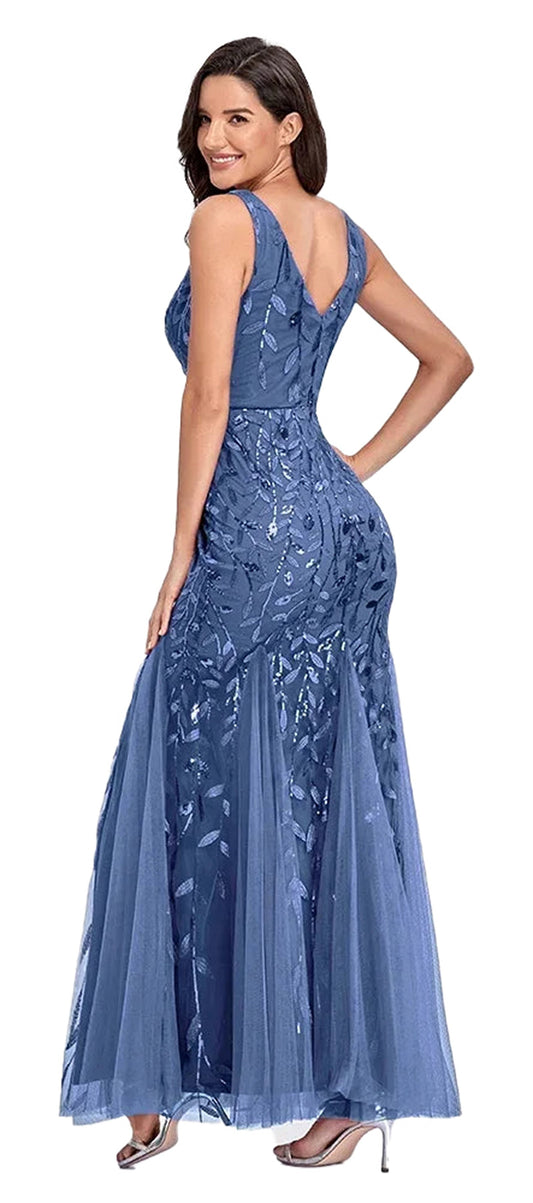 Elegant women's beaded evening gown in blue featuring a mermaid silhouette and delicate floral embellishments