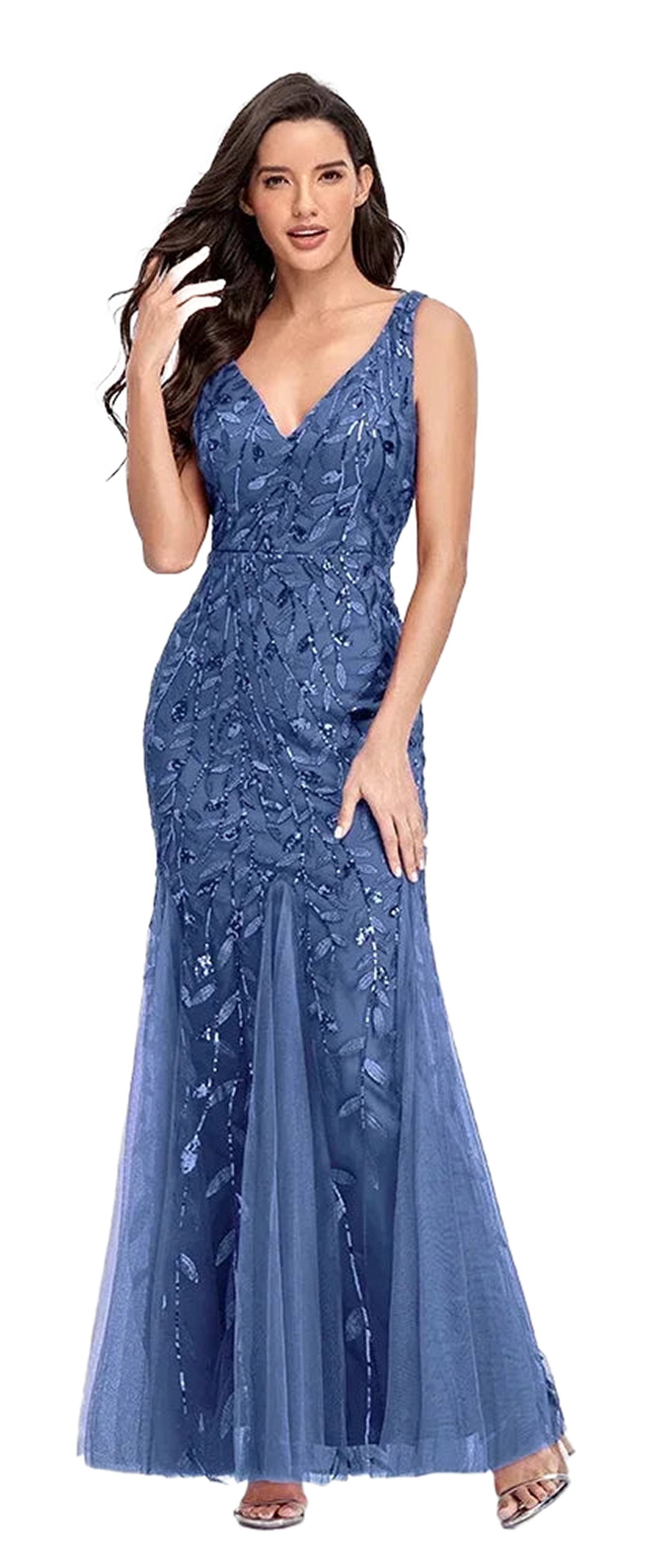 Women's beaded evening gown in blue with elegant floral embroidery and a fitted silhouette