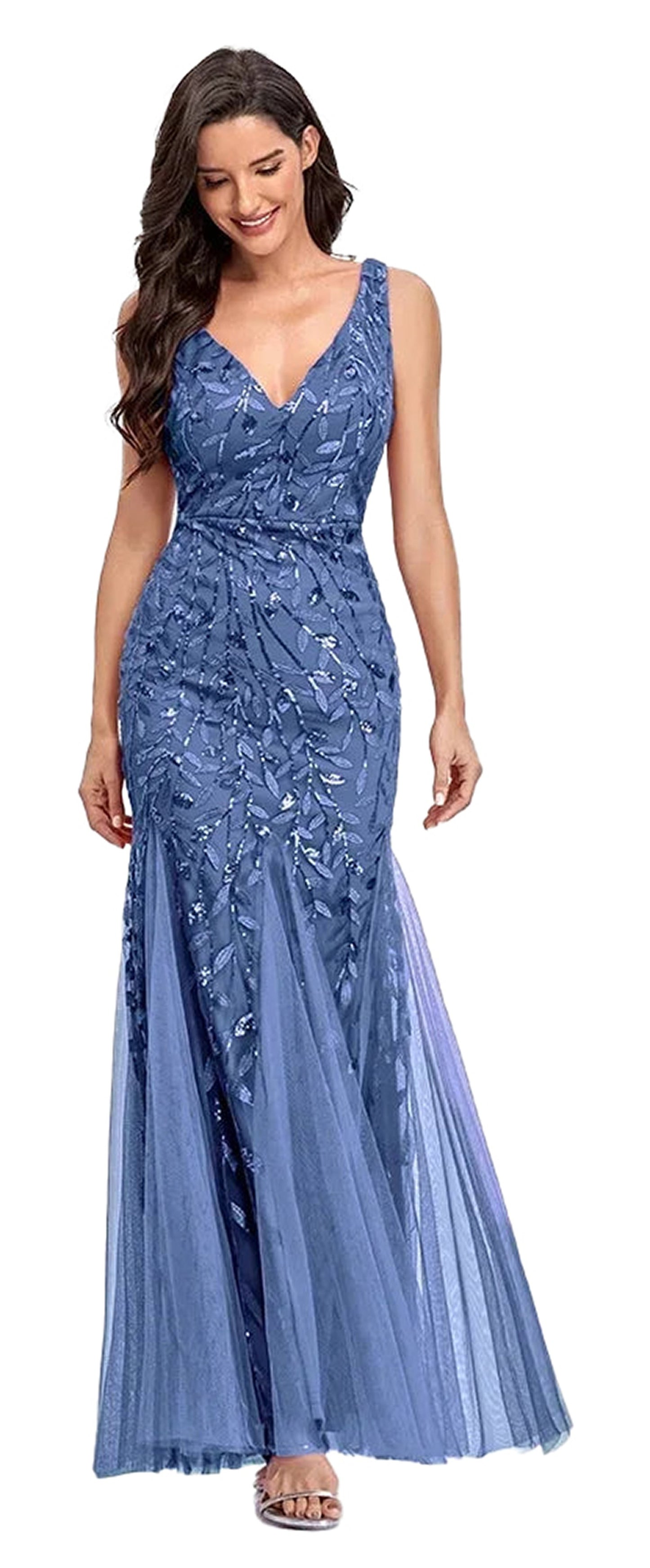 Elegant women's beaded evening gown in blue with a fitted silhouette and flowing skirt