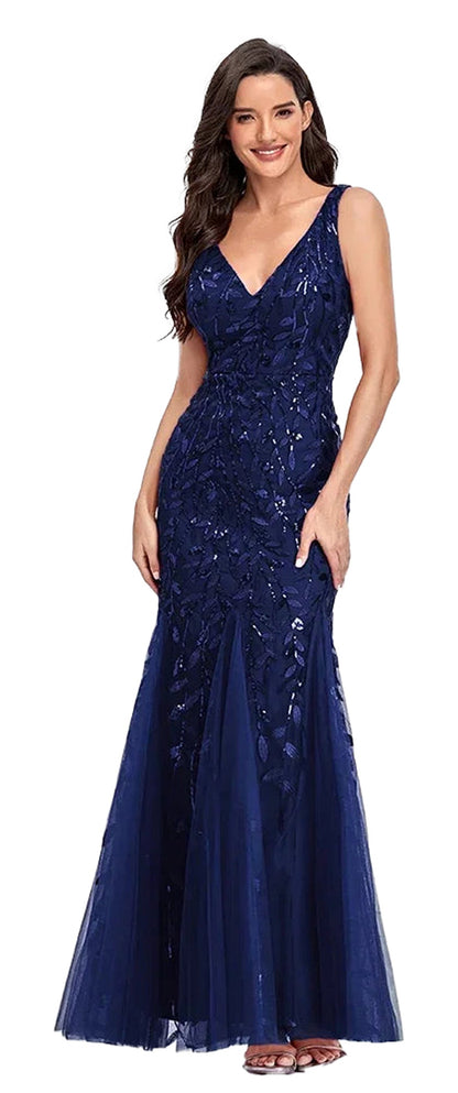 Elegant women's beaded evening gown in navy blue with a flattering mermaid silhouette
