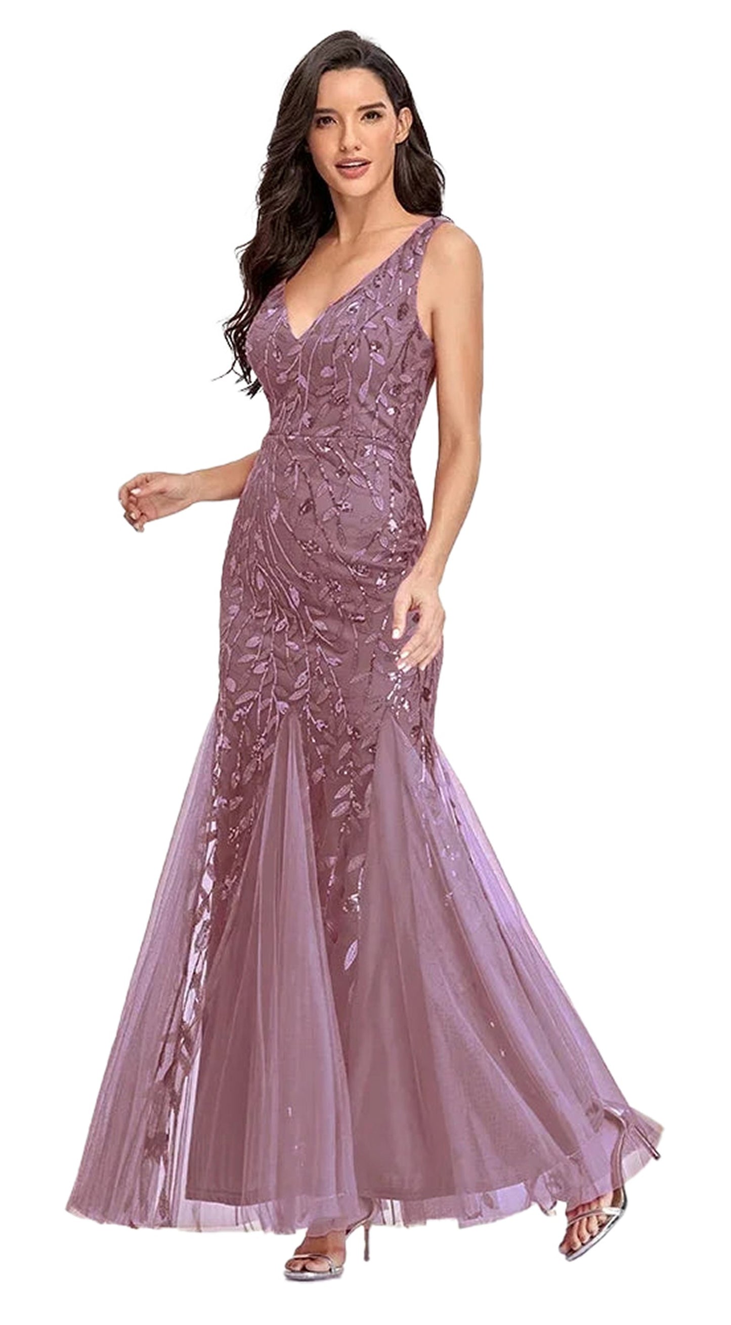 Elegant women's beaded evening gown in lavender with a mermaid silhouette and intricately designed bodice