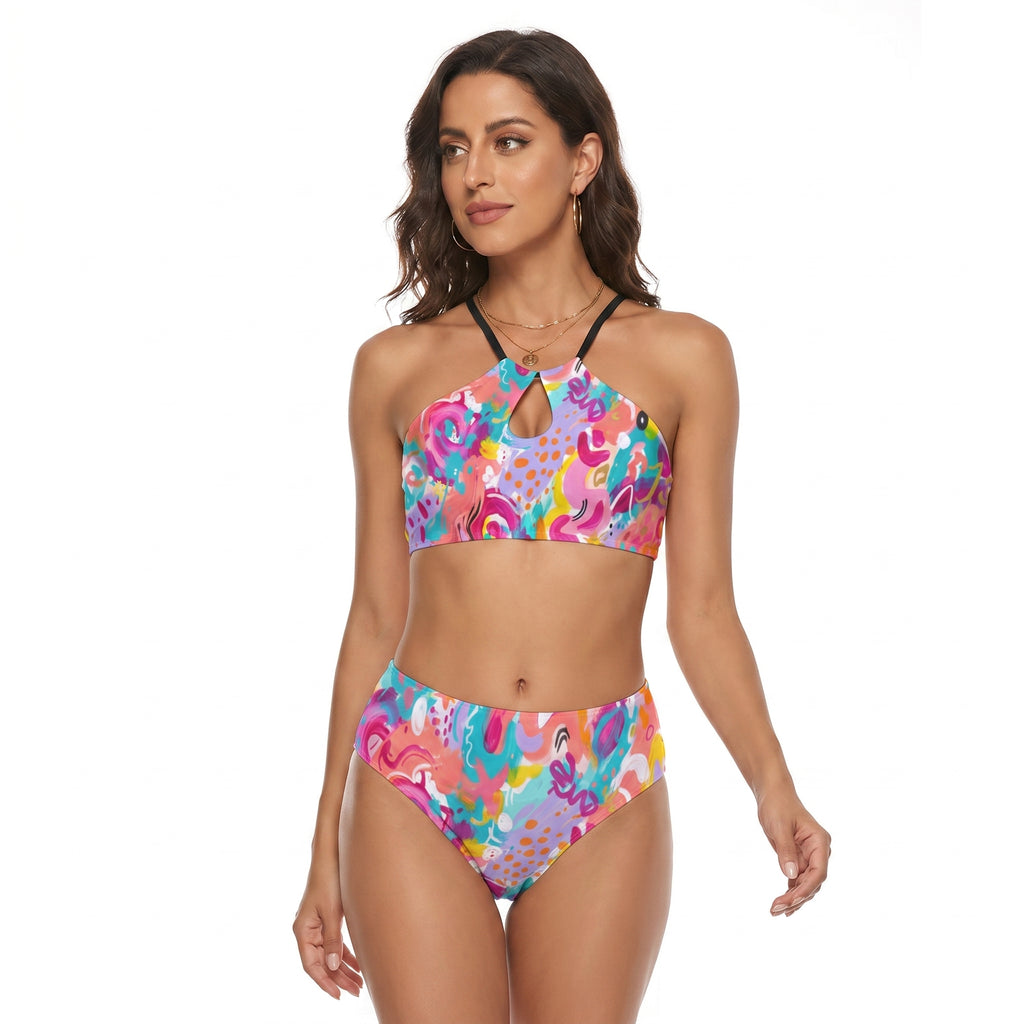 LuckeLadybug women's bikini with colorful abstract pattern and high-waisted bottom for stylish beachwear