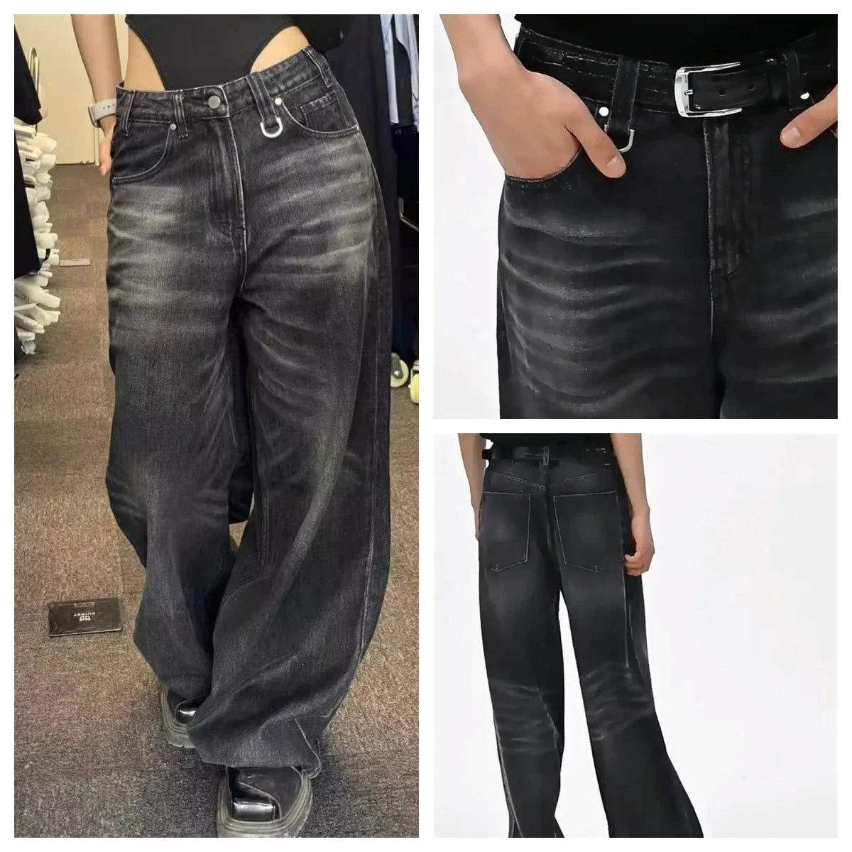 LuckeLadybug LLC women's black wide leg jeans with a relaxed fit and faded design