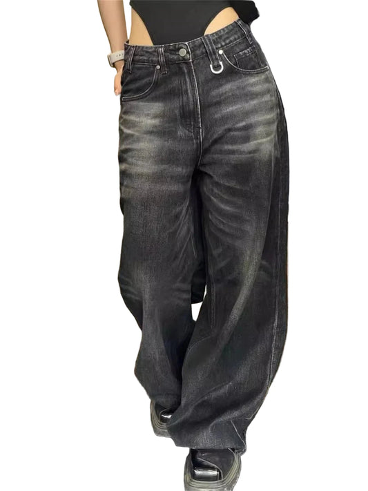LuckeLadybug women's black wide leg jeans with a stylish fit and distressed detailing