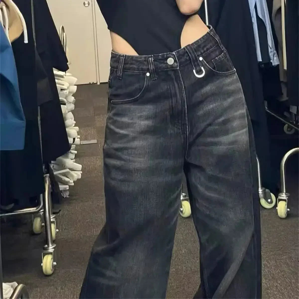 LuckeLadybug women's black wide leg jeans with a stylish baggy fit for casual wear.