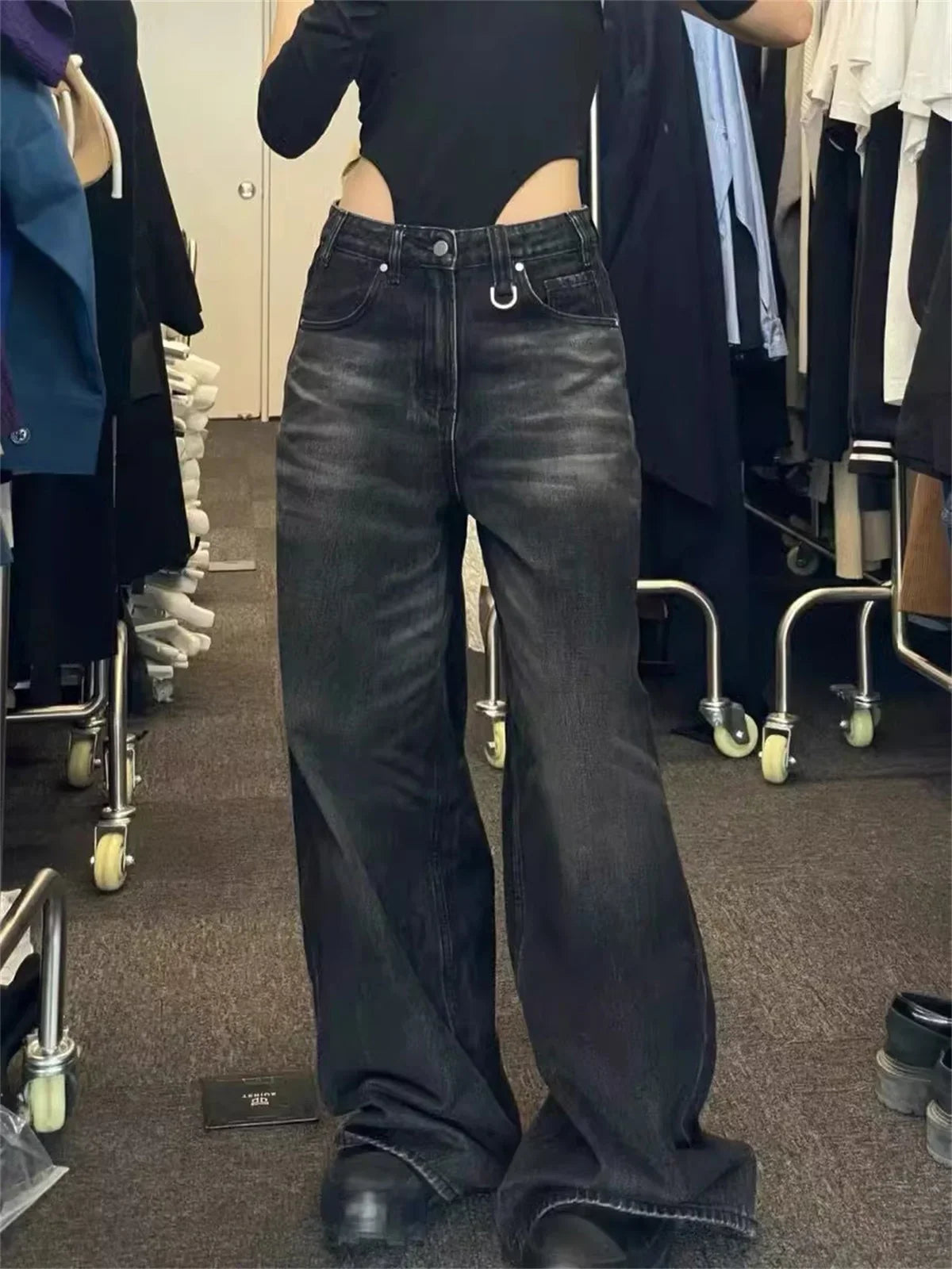 Women's black wide leg jeans from LuckeLadybug LLC featuring a stylish baggy design