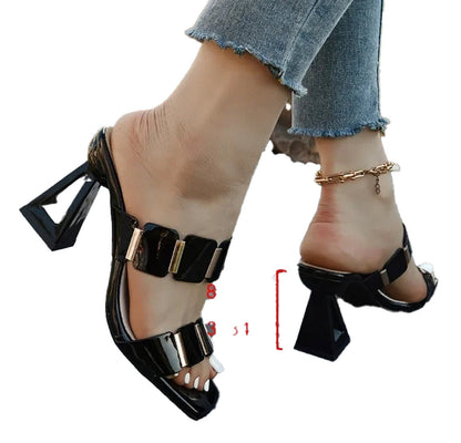 LuckeLadybug women's block heel sandals in black with stylish buckles and a geometric heel design