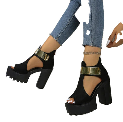 LuckeLadybug women's block heel sandals in black with stylish cutouts and gold accents