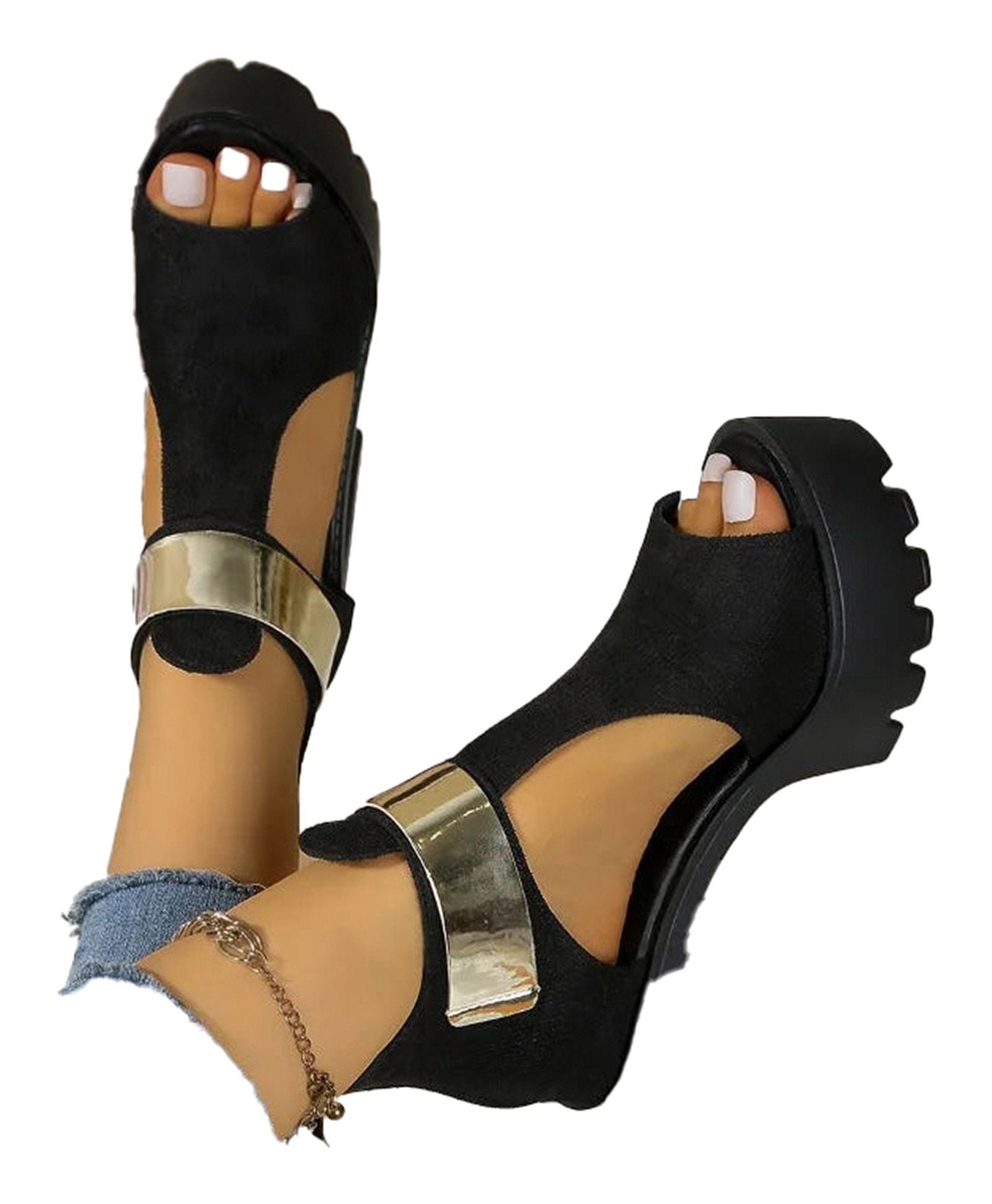 LuckeLadybug women's block heel sandals in black with a stylish gold accent and cut-out design