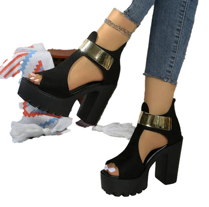 LuckeLadybug women's block heel sandals in black with stylish gold accents and platform design