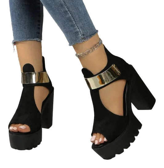 LuckeLadybug LLC women's block heel sandals with gold accent and open toe design