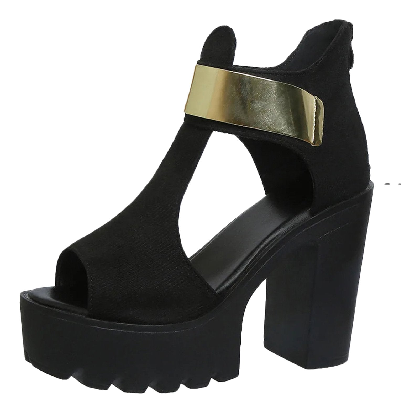 LuckeLadybug women's block heel sandals in black with gold accent for stylish summer wear