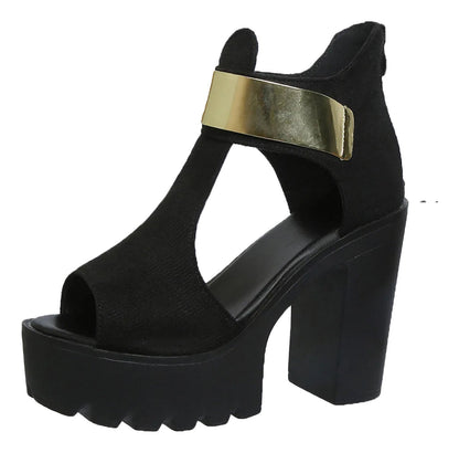 LuckeLadybug women's block heel sandals in black with gold accent for stylish summer wear