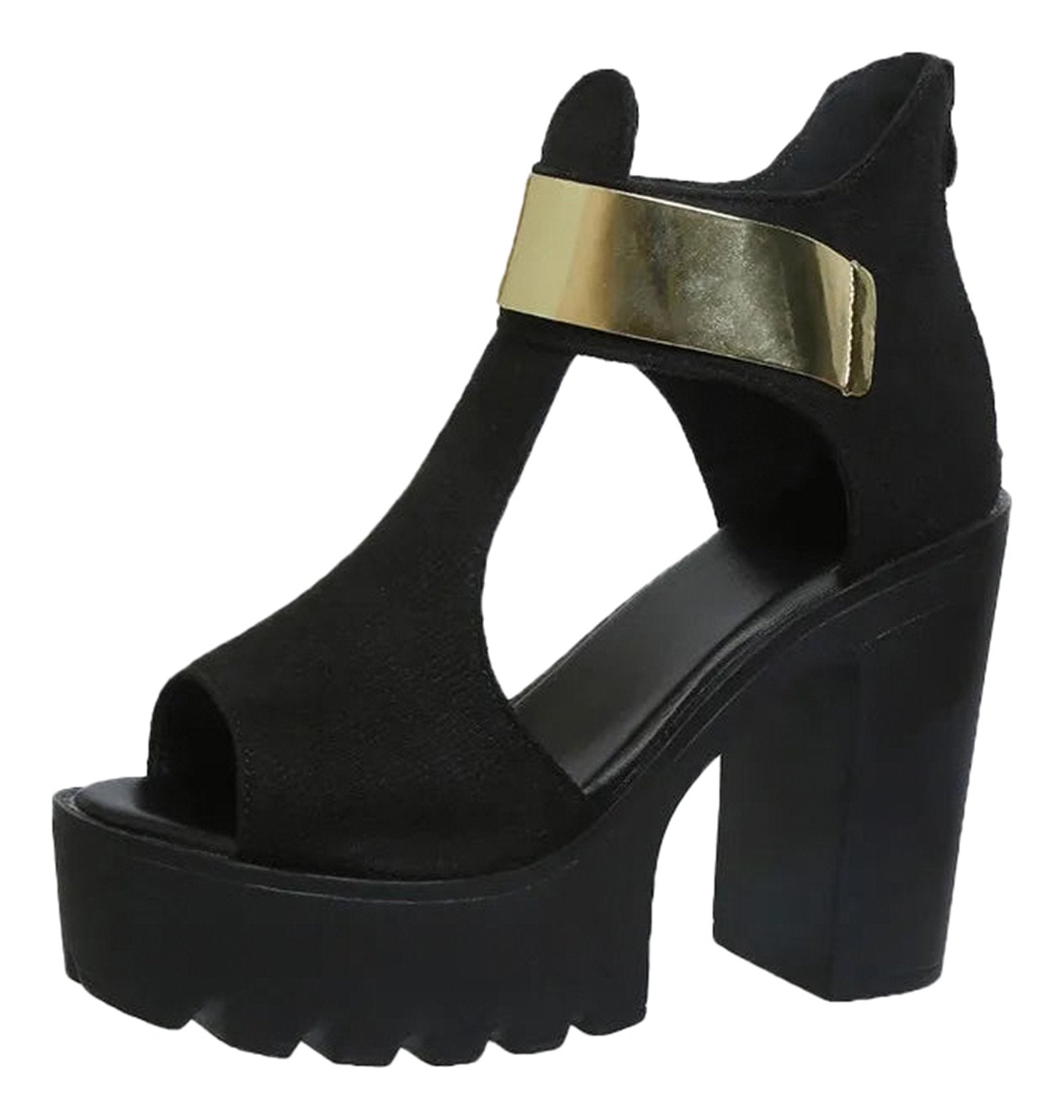 LuckeLadybug LLC Women's Block Heel Sandals in Black with a Stylish Gold Accent for Fashionable Outfits