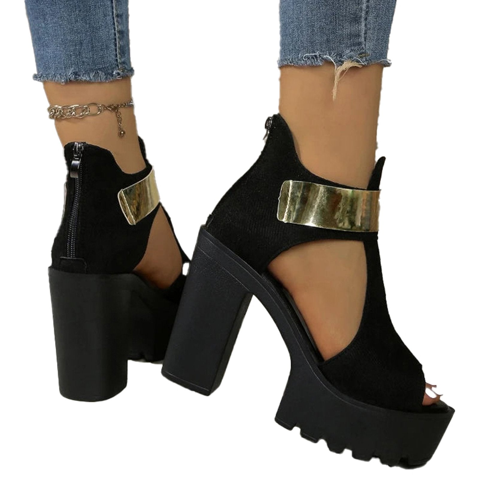 LuckeLadybug women's block heel sandals in black with stylish cutouts and metallic accents