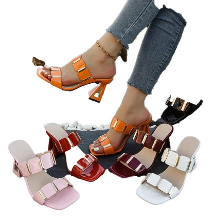 Colorful women's block heel sandals with stylish buckles, available in multiple shades for trendy looks
