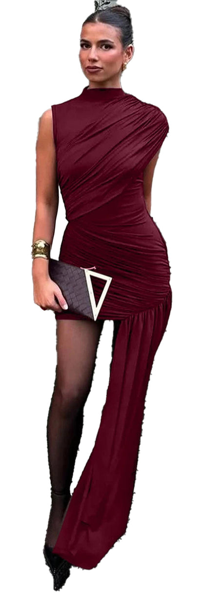 Stylish maroon women's bodycon dress with asymmetrical design and draped detail