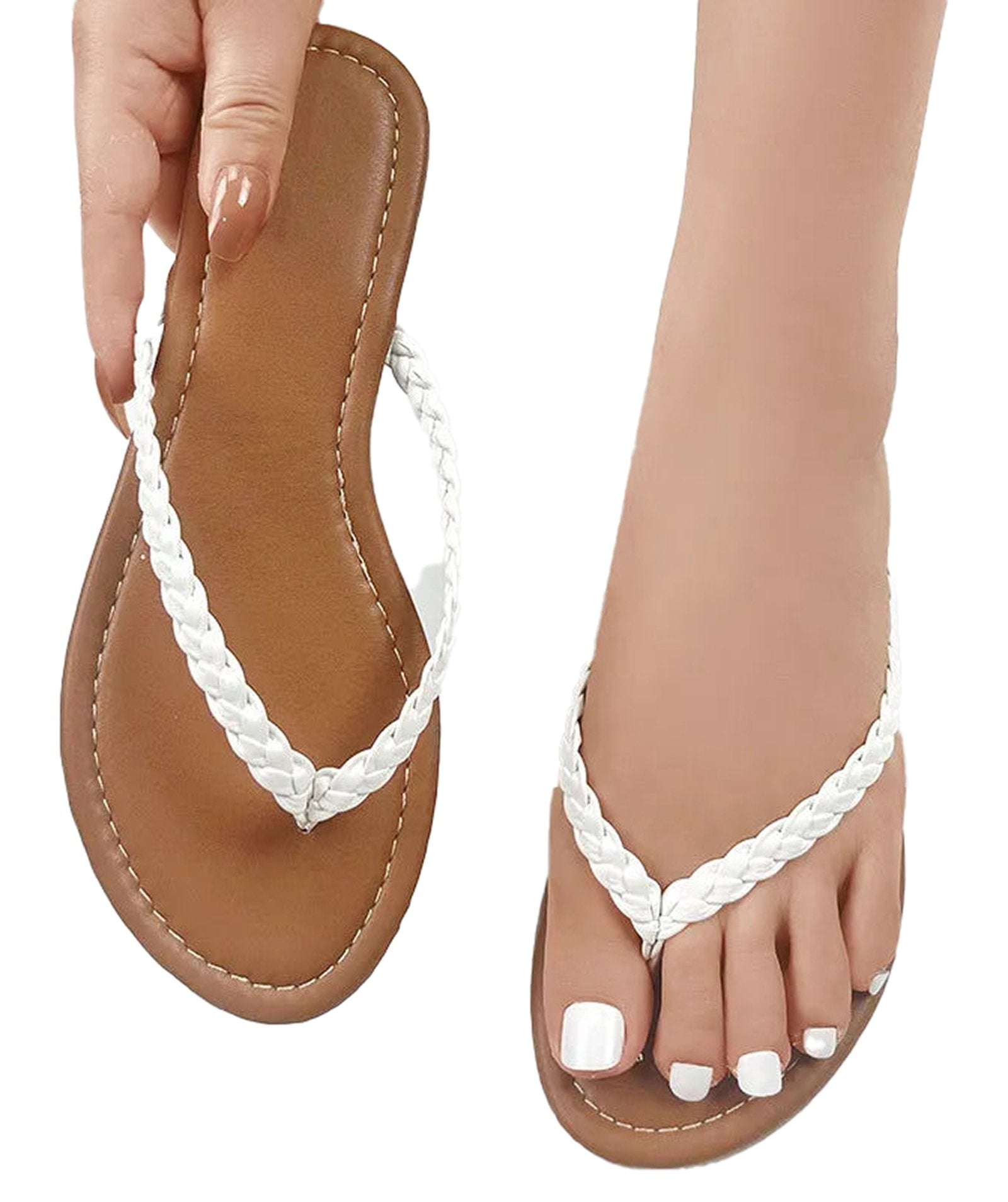 LuckeLadybug LLC women's braided flip flops in white with stylish braided straps and flat sole