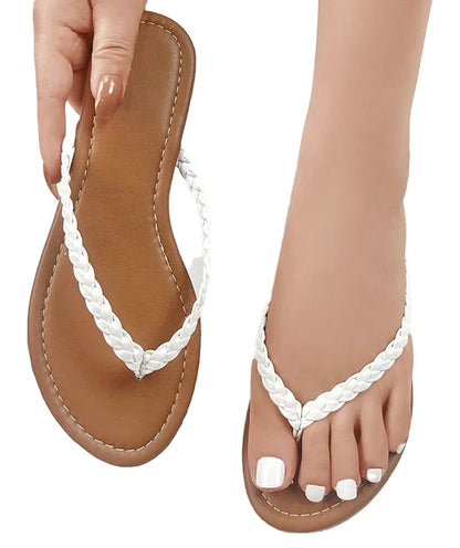 LuckeLadybug LLC women's braided flip flops in white with stylish braided straps and flat sole