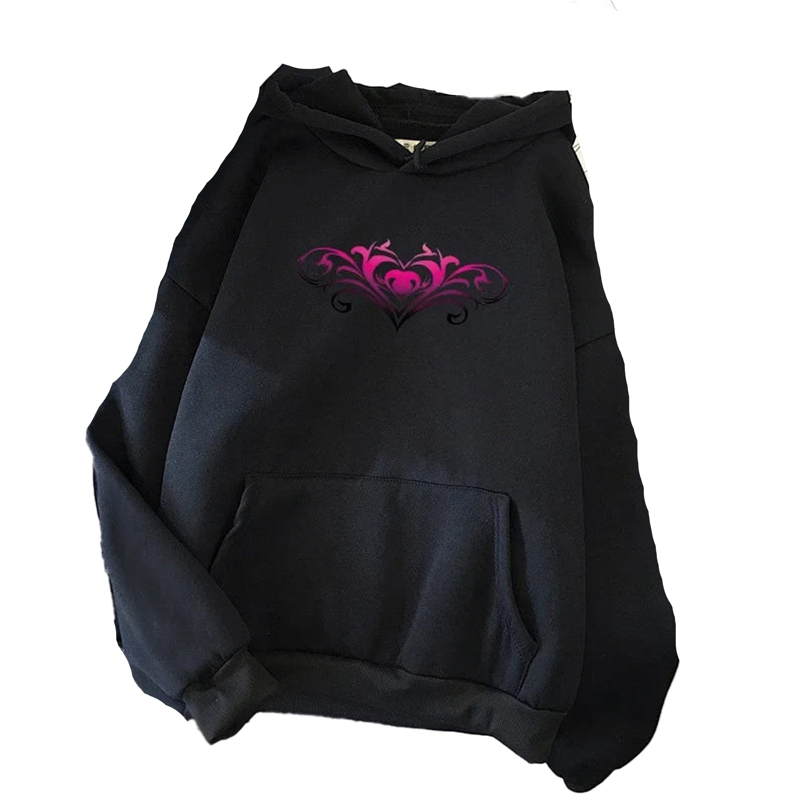 Women's casual printed hoodies featuring a stylish pink heart graphic on a black background