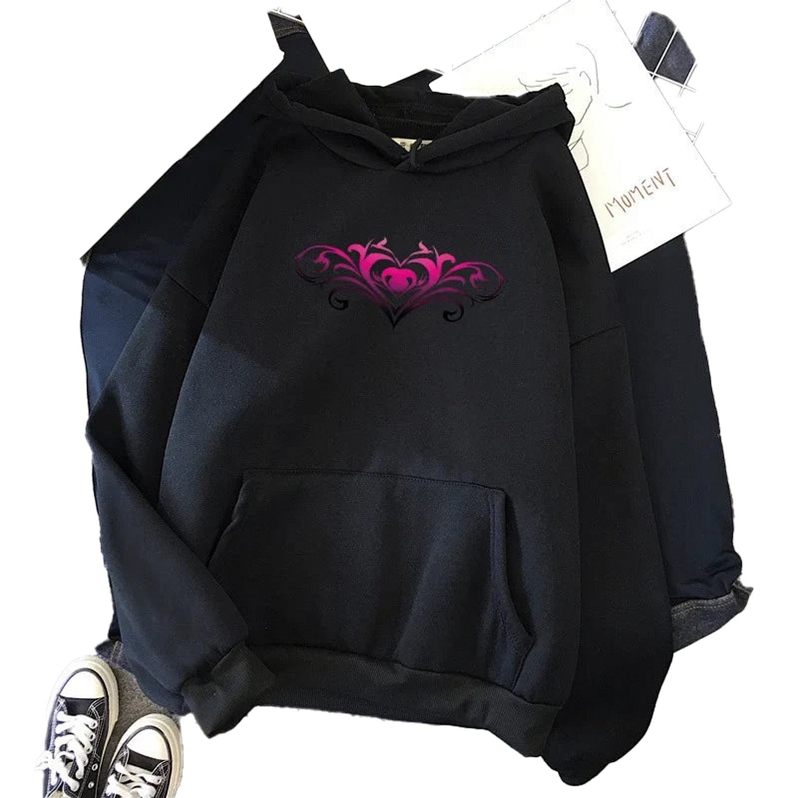 LuckeLadybug women's casual printed hoodies in black with stylish heart design