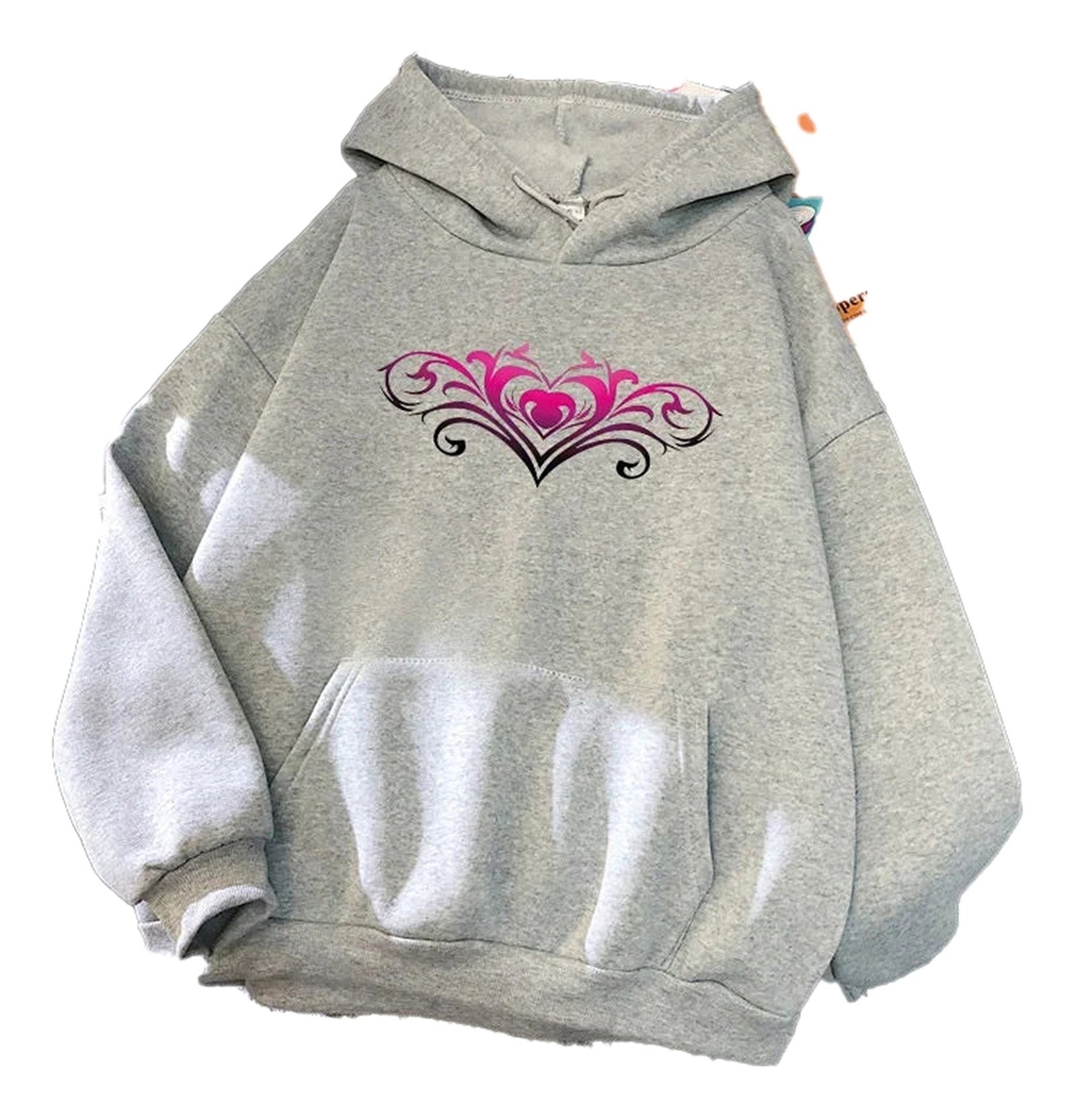 LuckeLadybug women's casual printed hoodies in gray with a decorative pink heart design