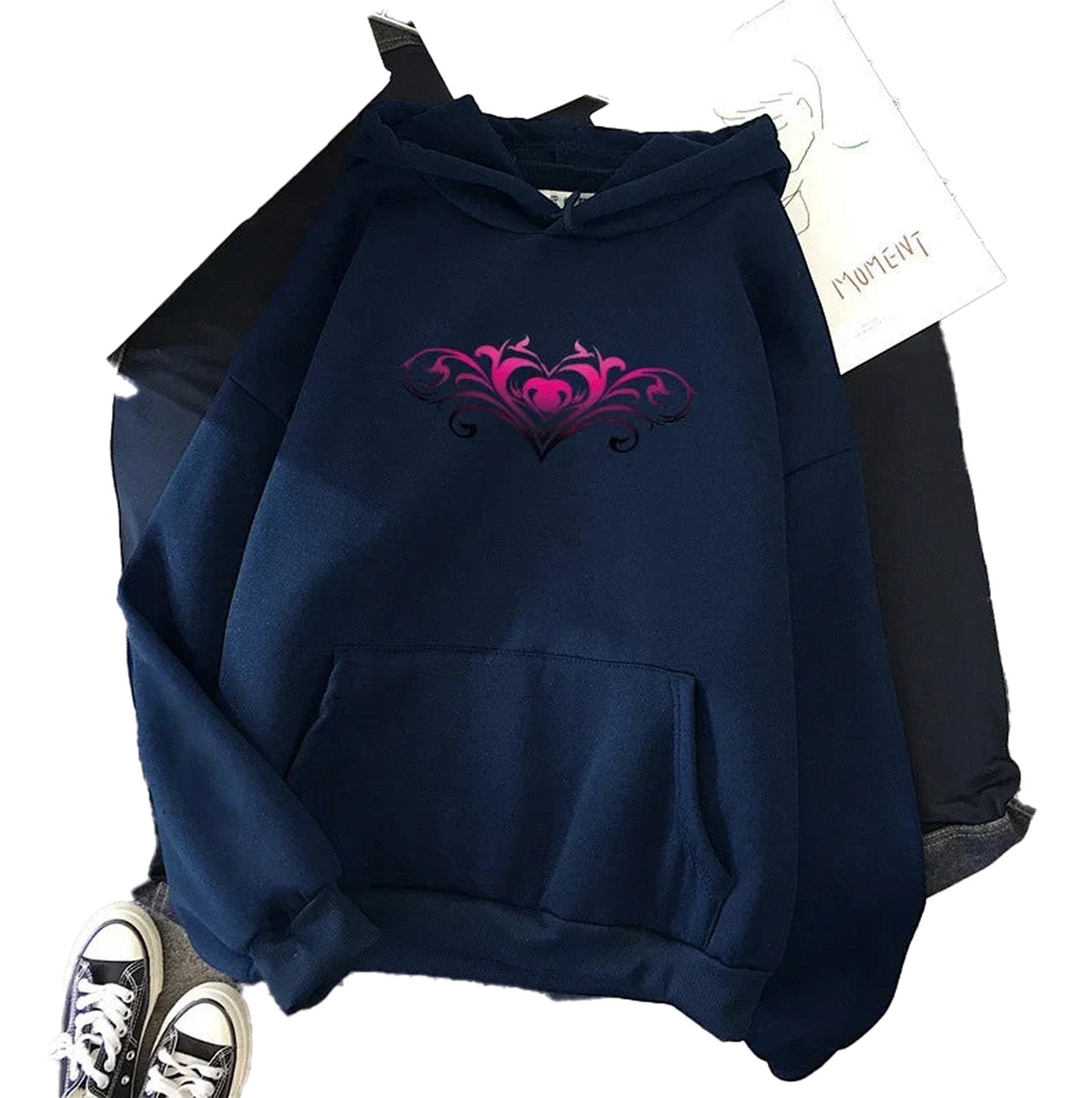 Navy women's casual printed hoodies featuring a stylish pink heart design and a relaxed fit