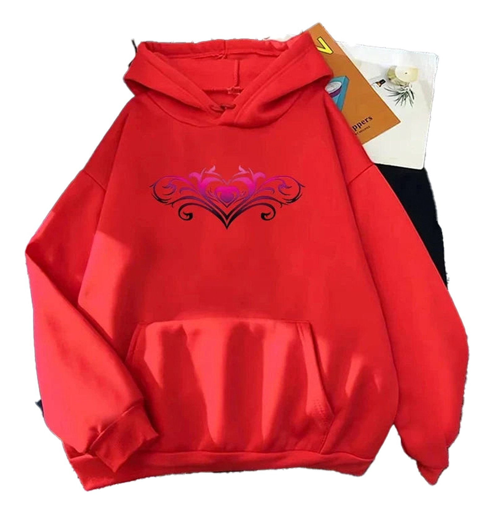 LuckeLadybug women's casual printed hoodies in red with colorful heart design