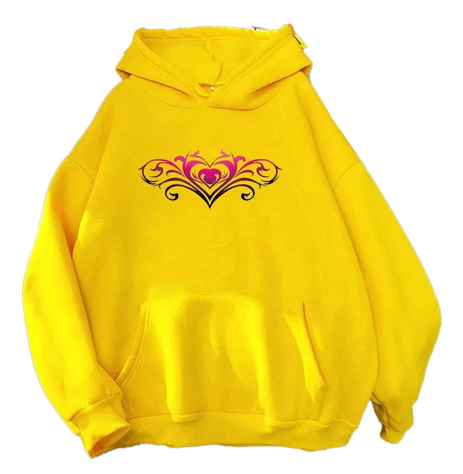 Bright yellow women's casual printed hoodies with a stylish heart design on the front