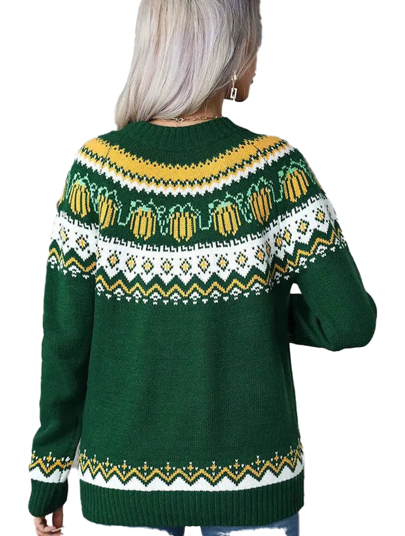 Women's Christmas knit sweater in green with festive pumpkin designs and cozy knit pattern