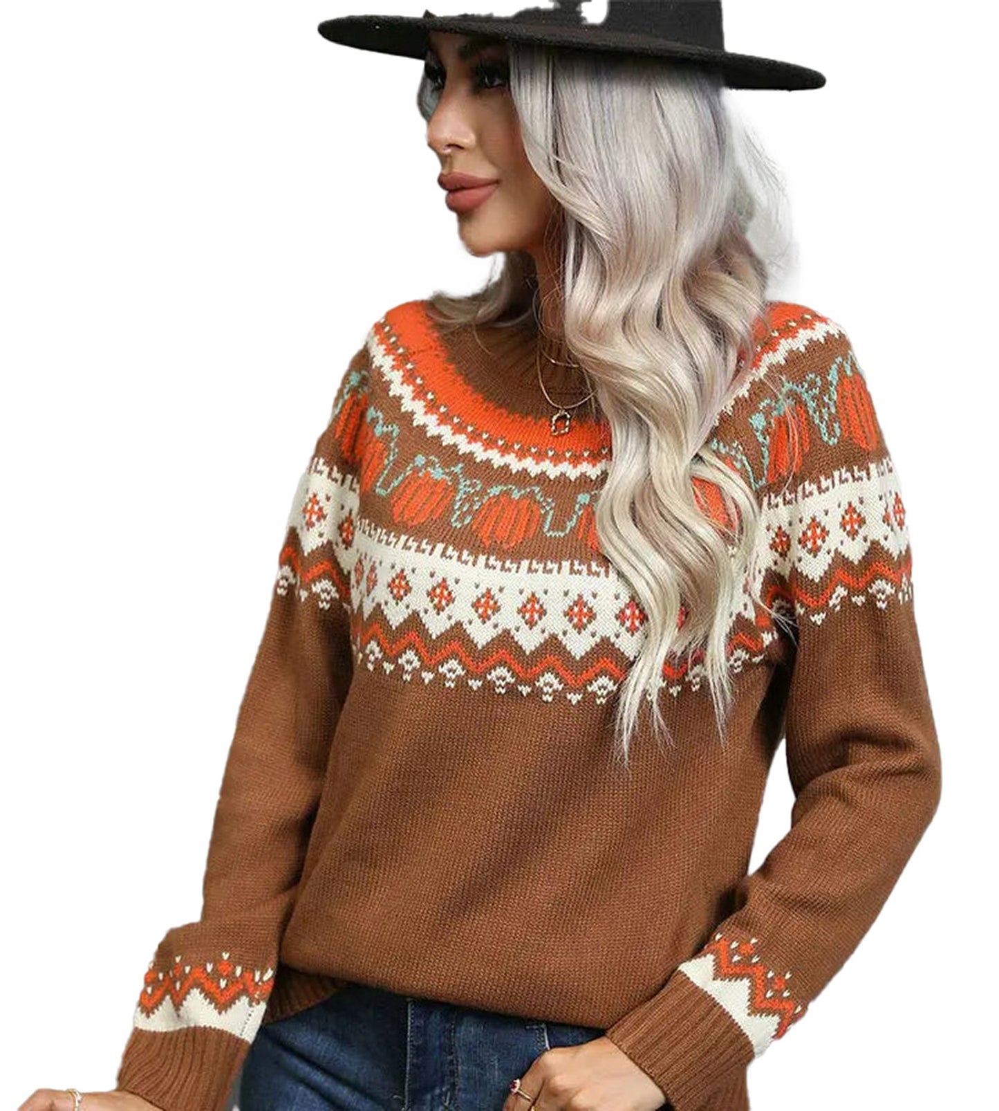 LuckeLadybug LLC women's Christmas knit sweater in brown with festive pattern and cozy fit