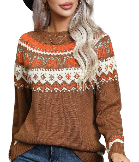 Women's Christmas knit sweater in brown with festive patterns for holiday celebrations