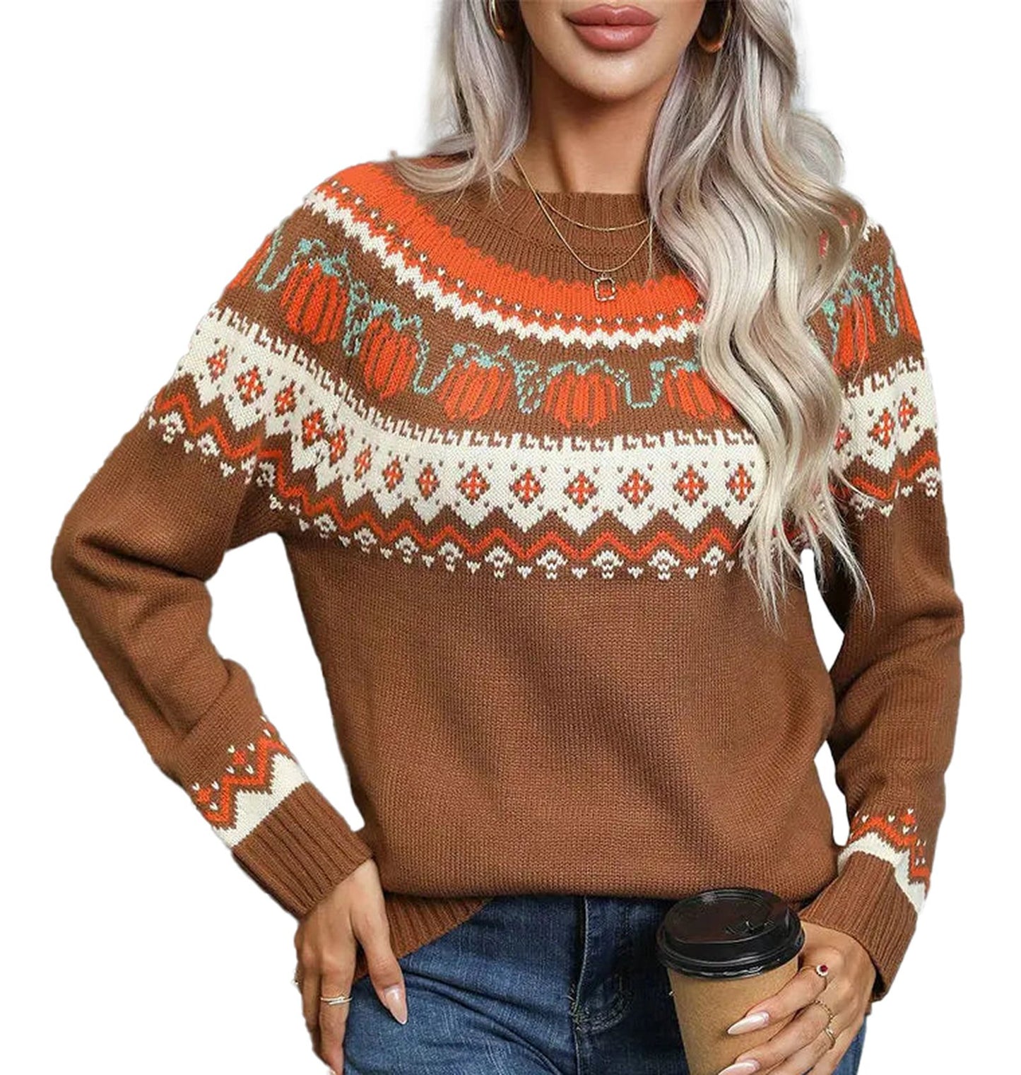 Women's Christmas knit sweater in brown with festive pumpkin design and cozy fit