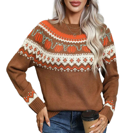 Women's Christmas knit sweater in brown with festive pumpkin design and cozy fit