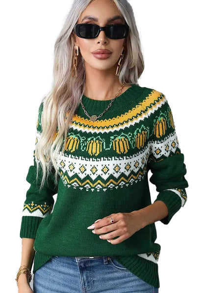 Women's Christmas knit sweater in green with festive patterns for holiday celebrations
