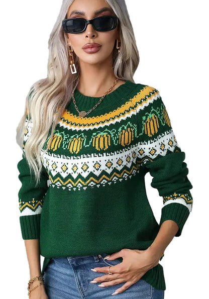 LuckeLadybug LLC women's Christmas knit sweater in green with festive patterns and cozy fit